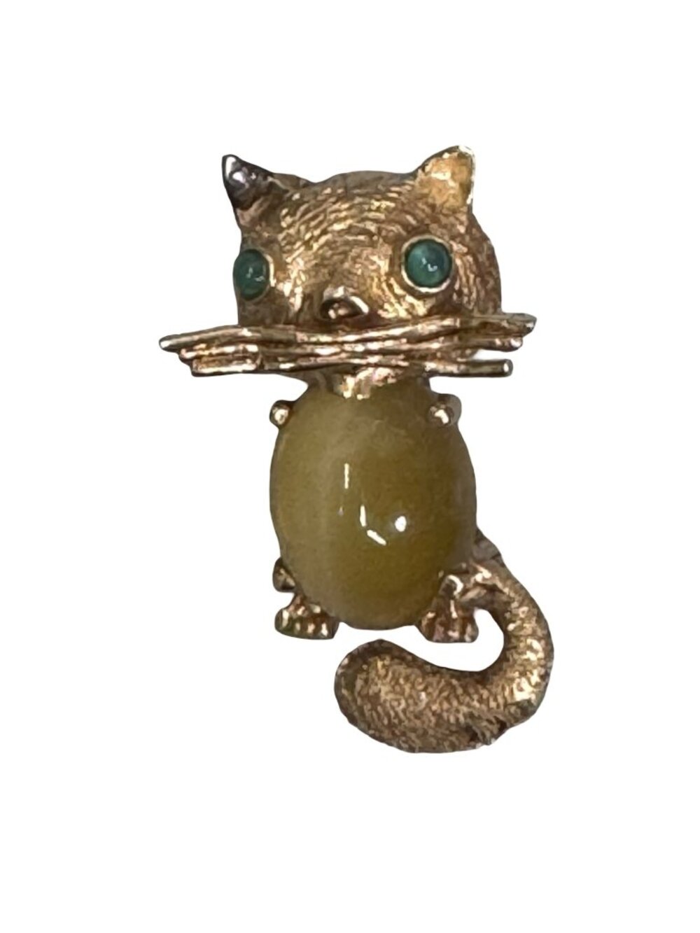 Vintage 14K Kitty Cat Brooch Tigers Eye Stone Body Emerald Green Eyes Animal Pin